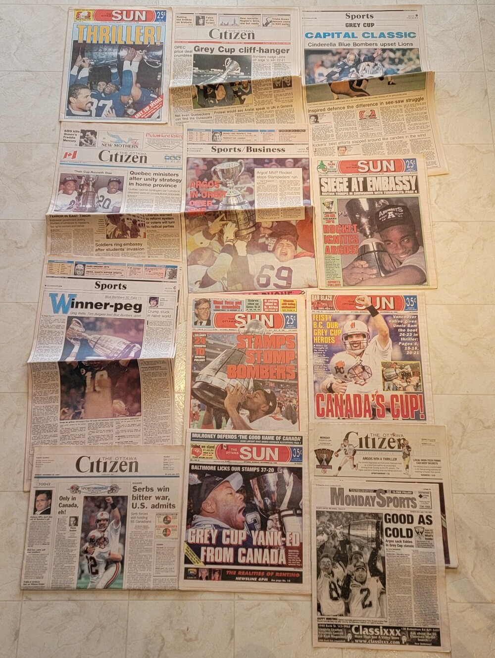 CFL Grey Cup Newspapers 1988 1990 1991 1992 1994 1995 & 1996